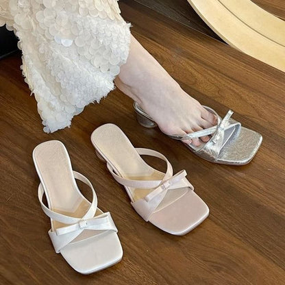 Chunky Heel Square Accent Sandals Bow Leather Toe Plain Faux