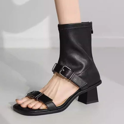 Faux High Plain Leather Buckled Top Chunky Sandals Heel Toe Square