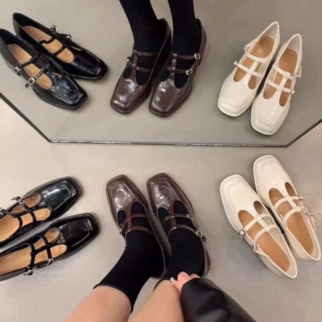 Jane Chunky Plain Mary Heel Pumps T-Strap Square Toe