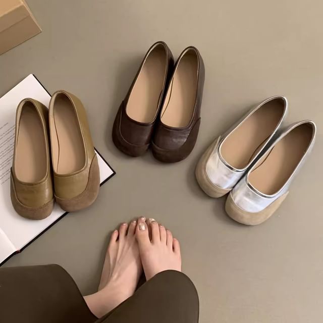 Leather Round Faux Flats Toe