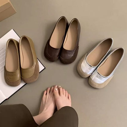 Leather Round Faux Flats Toe