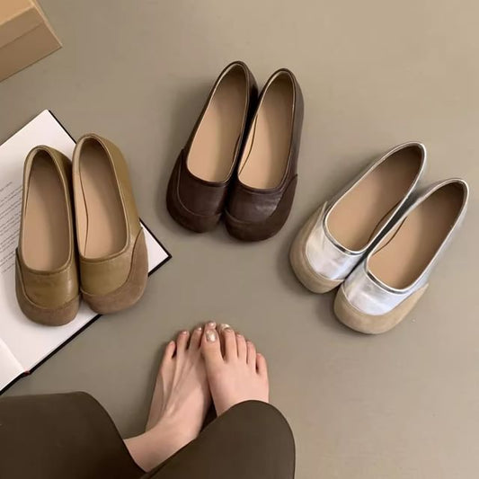 Leather Round Faux Flats Toe
