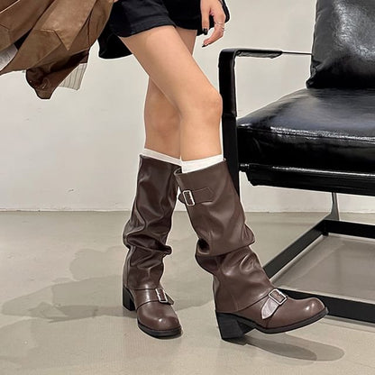 Boots Heel Tall Faux Plain Buckled Chunky Leather