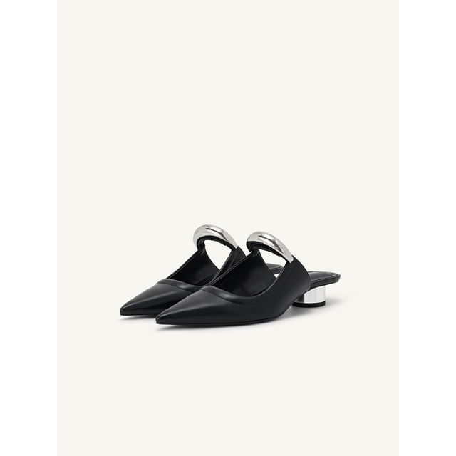 Toe Accent Leather Chunky Metal Pointed Heel Faux Mules