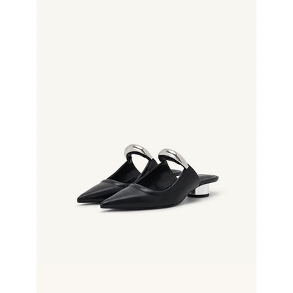 Toe Accent Leather Chunky Metal Pointed Heel Faux Mules