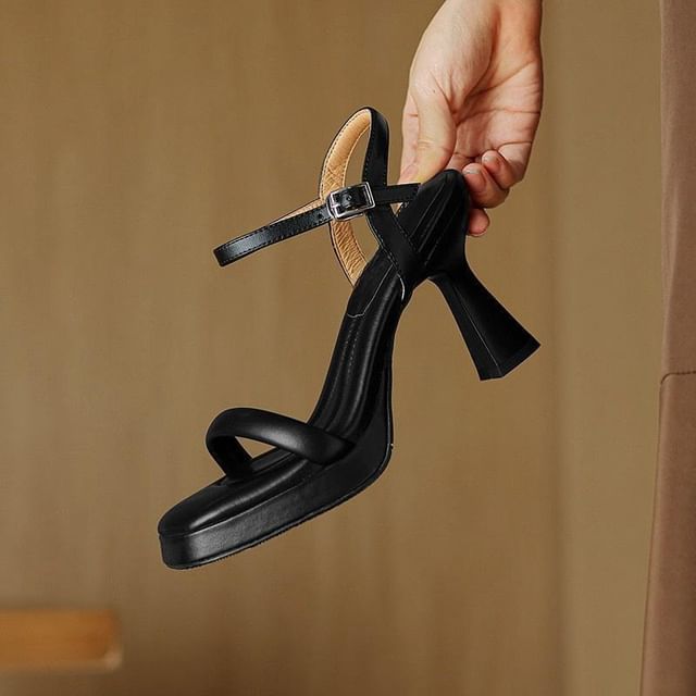 Toe Sandals Ankle High Strap Square Plain Leather Heel Faux