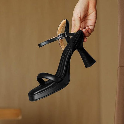 Toe Sandals Ankle High Strap Square Plain Leather Heel Faux