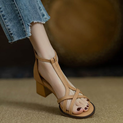 Heel Plain Faux Leather Sandals Ankle Chunky Strap Gladiator