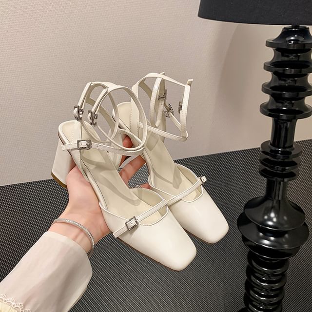 Square Top Plain Chunky High Faux Sandals Leather Heel Toe Buckled