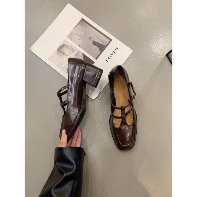 Jane Chunky Plain Mary Heel Pumps T-Strap Square Toe