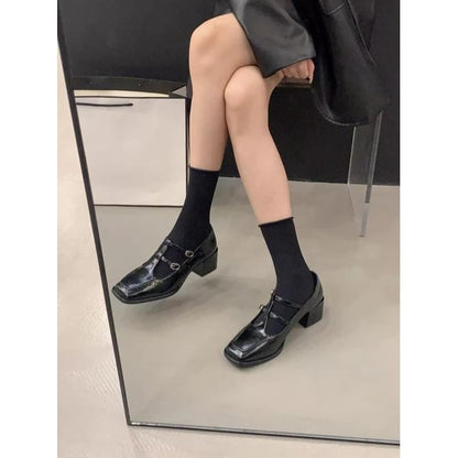 Jane Chunky Plain Mary Heel Pumps T-Strap Square Toe