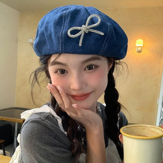 Ribbon Beaded Beret Denim