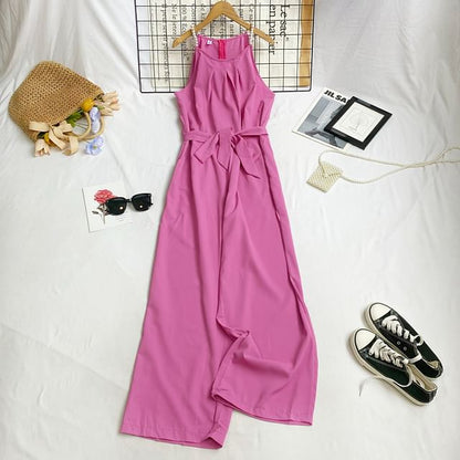 Spaghetti Strap Plain Tie-Waist Wide Leg Jumpsuit