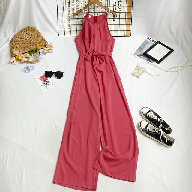 Spaghetti Strap Plain Tie-Waist Wide Leg Jumpsuit