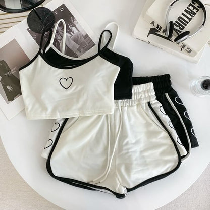 Set: Heart Embroidered Contrast Trim Crop Cami Top + Drawstring Waist Sweat Shorts