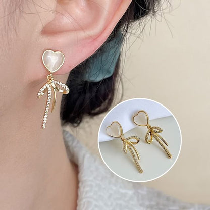 Clip Heart On Drop Earring Bow Rhinestone