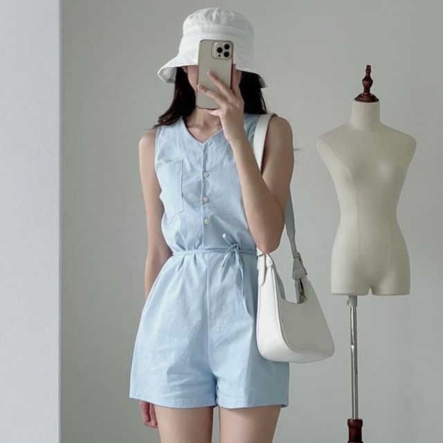 Sleeveless Button-Up Plain Romper