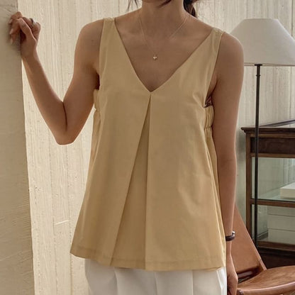 Sleeveless V-Neck Plain Flowy Blouse