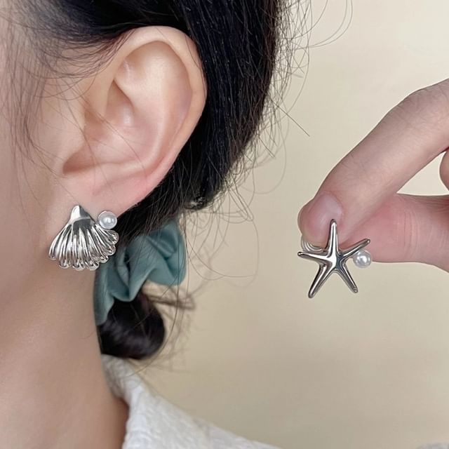 Clip Shell Starfish Asymmetrical Faux Pearl On Earring