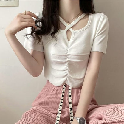 Criss Cross Plain Ruched Neck Knit Notch Short-Sleeve Top