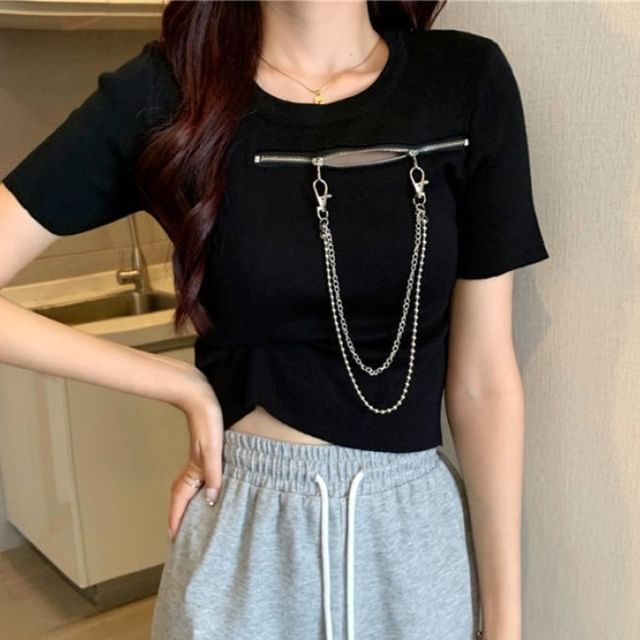 Short-Sleeve Crew Zip T-Shirt Plain Neck Chain