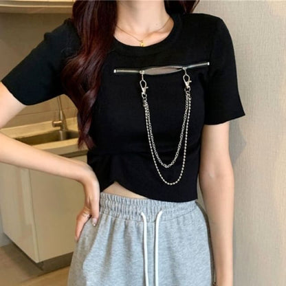 Short-Sleeve Crew Zip T-Shirt Plain Neck Chain