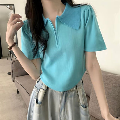 Collared Half Knit Short-Sleeve Zip Top