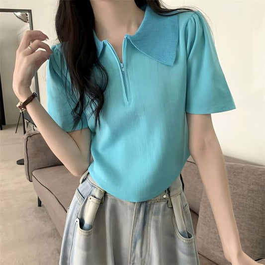 Collared Half Knit Short-Sleeve Zip Top