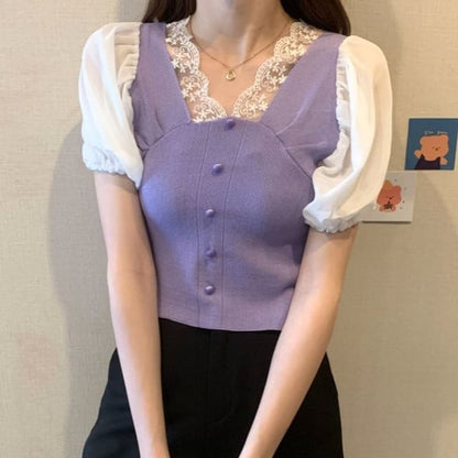 Top V-Neck Short-Sleeve Button Embroidered Panel