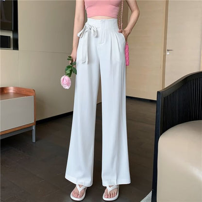 Waist Leg Tie-Up High Dress Wide Plain Pants