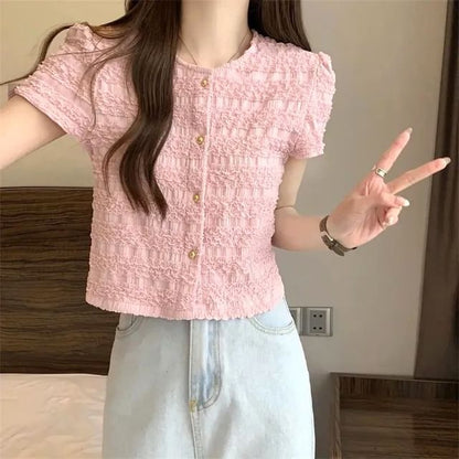 Plain Top Short-Sleeve Frill Neck Button Round