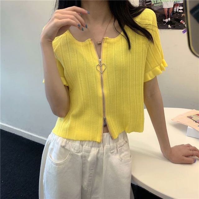 Plain Round Ribbed Neck Zip Short-Sleeve Cardigan