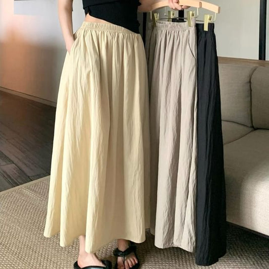 Elastic Maxi Waist A-Line Skirt Plain