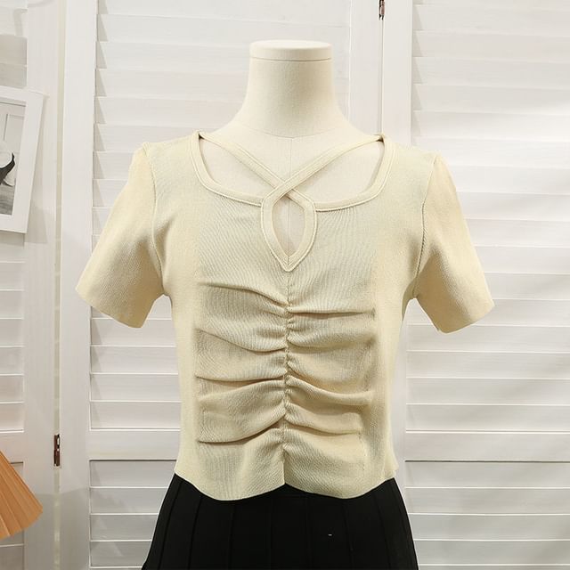 Criss Cross Plain Ruched Neck Knit Notch Short-Sleeve Top