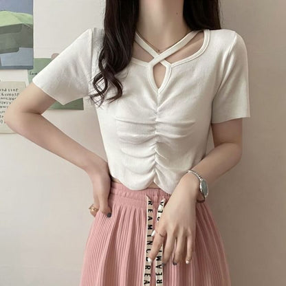 Criss Cross Plain Ruched Neck Knit Notch Short-Sleeve Top