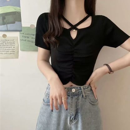 Criss Cross Plain Ruched Neck Knit Notch Short-Sleeve Top