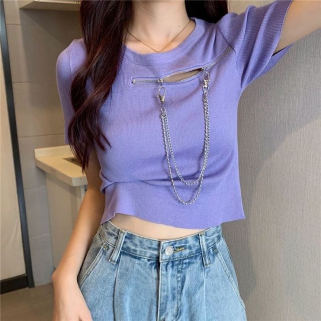 Short-Sleeve Crew Zip T-Shirt Plain Neck Chain