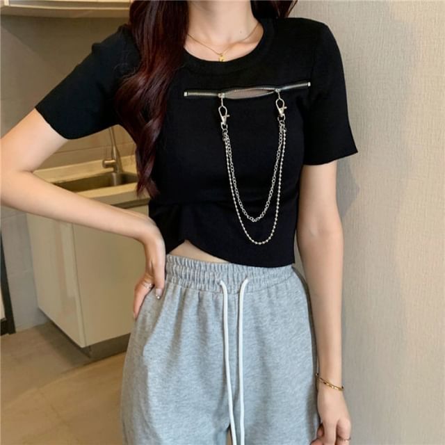 Short-Sleeve Crew Zip T-Shirt Plain Neck Chain