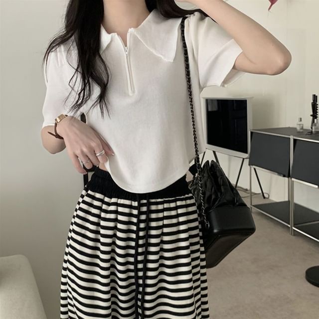 Collared Half Knit Short-Sleeve Zip Top