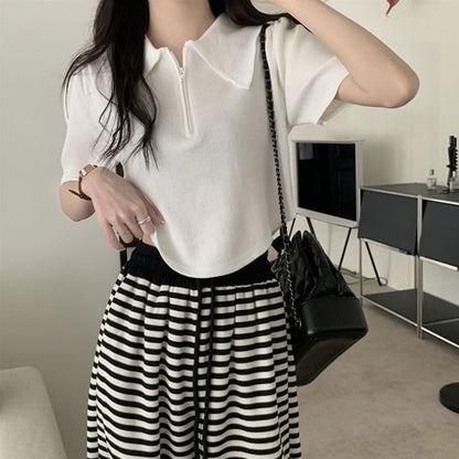 Collared Half Knit Short-Sleeve Zip Top