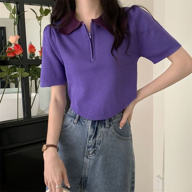 Collared Half Knit Short-Sleeve Zip Top