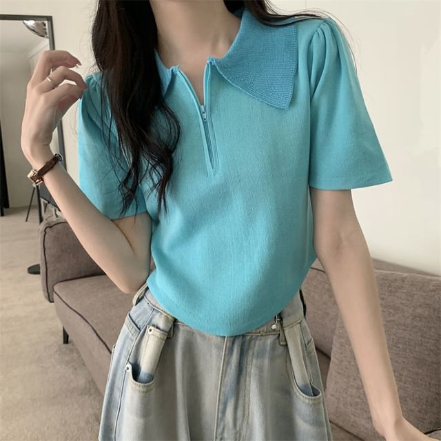 Collared Half Knit Short-Sleeve Zip Top