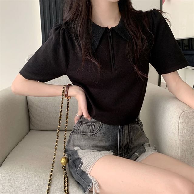 Collared Half Knit Short-Sleeve Zip Top
