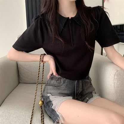Collared Half Knit Short-Sleeve Zip Top