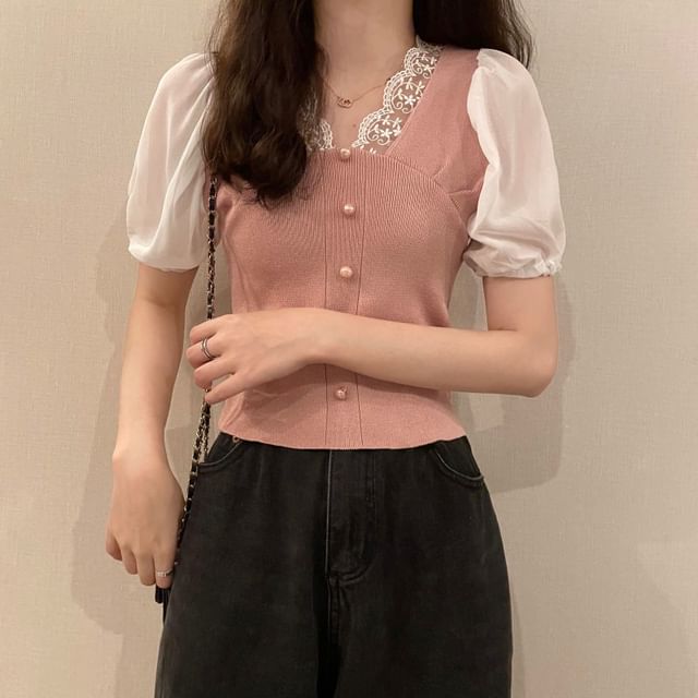 Top V-Neck Short-Sleeve Button Embroidered Panel