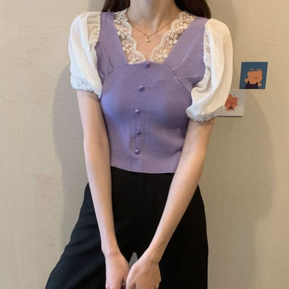 Top V-Neck Short-Sleeve Button Embroidered Panel