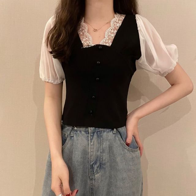 Top V-Neck Short-Sleeve Button Embroidered Panel