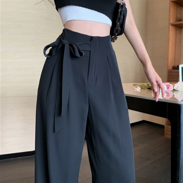 Waist Leg Tie-Up High Dress Wide Plain Pants