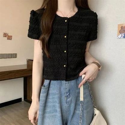 Plain Top Short-Sleeve Frill Neck Button Round