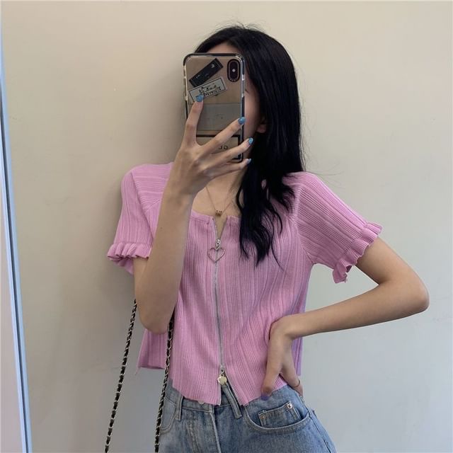 Plain Round Ribbed Neck Zip Short-Sleeve Cardigan